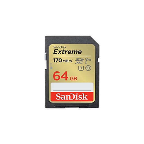 Carte SD SanDisk Extreme. Cadre noir, carte dorée avec texte rouge. Données : 64 Go, 170 Mo/s.