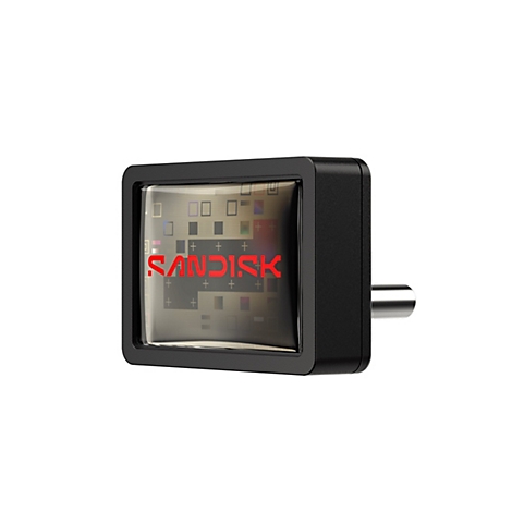 Schwarzer, rechteckiger Stecker mit rotem SANDISK-Schriftzug auf einer transparenten Oberfläche.