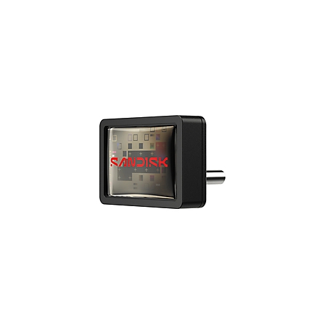 Schwarzer USB-Adapter mit rotem SanDisk-Logo auf durchsichtigem Display, silberner Stecker.