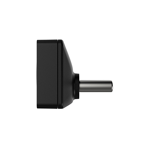 Ein schwarzer Stromadapter, im Profil aufgenommen. Der Stecker hat eine zylindrische Metallspitze.