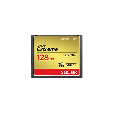 Eine quadratische Speicherkarte, Sandisk Extreme 128 GB, gelb-schwarz-rot. Darauf steht Sandisk, Extreme, 128 GB, 120 MB/s, und ein Filmsymbol mit 20.