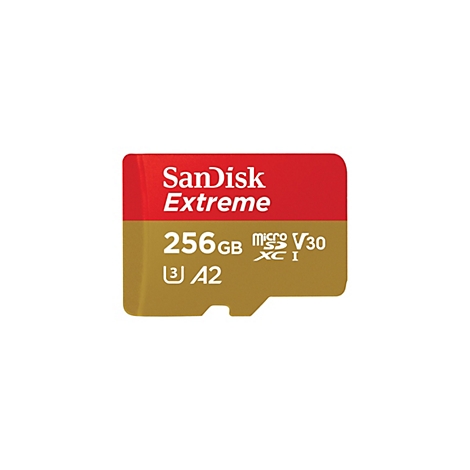 SanDisk Extreme 256GB MicroSD-Karte. Oben rot, unten goldfarben, mit weißer Schrift.