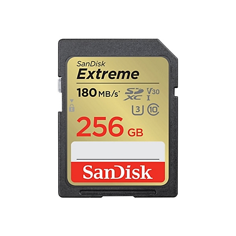 SanDisk Extreme SD-Karte, 256 GB, goldfarbenes Etikett mit roter Schrift, schwarzer Rahmen.