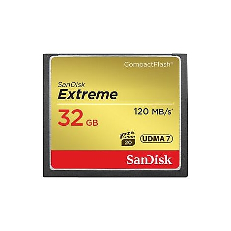 Sandisk Extreme CompactFlash Speicherkarte. Goldfarbene Oberfläche mit roten und schwarzen Akzenten, 32GB.