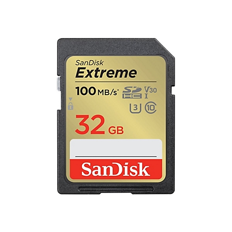 Eine schwarze SanDisk Extreme SD-Karte mit goldener Vorderseite. Aufschrift: 32 GB, SanDisk, Extreme.