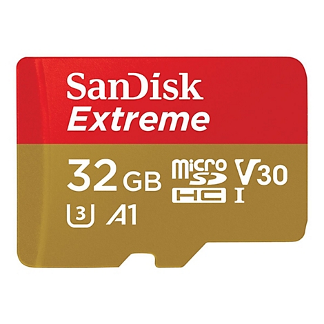 SanDisk Extreme 32GB MicroSD-Karte. Roter/Gold-Farbverlauf mit weißem Text. Bezeichnung: Extreme, V30, A1.