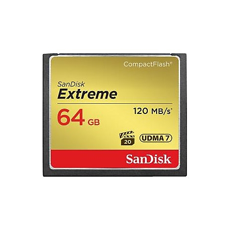 SanDisk Extreme CompactFlash-Karte. Goldener Hintergrund mit roten und schwarzen Akzenten. Beschriftung: 64 GB, 120 MB/s.