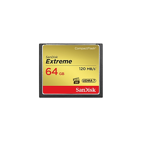 Eine quadratische CompactFlash-Speicherkarte, goldfarben mit roter und schwarzer Schrift. 'SanDisk Extreme 64 GB' ist abgebildet.