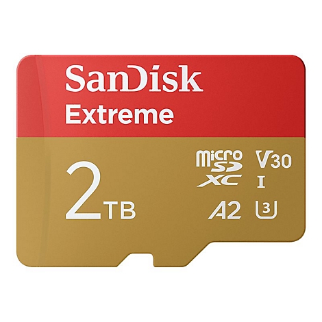 SanDisk Extreme MicroSD-Karte, rot und goldfarben, mit der Aufschrift 2 TB.