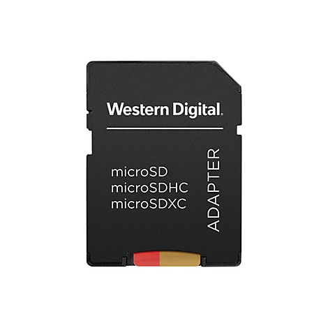 Schwarzer Western Digital microSD-Kartenadapter. Aufschrift: microSD, microSDHC, microSDXC. Adapter.