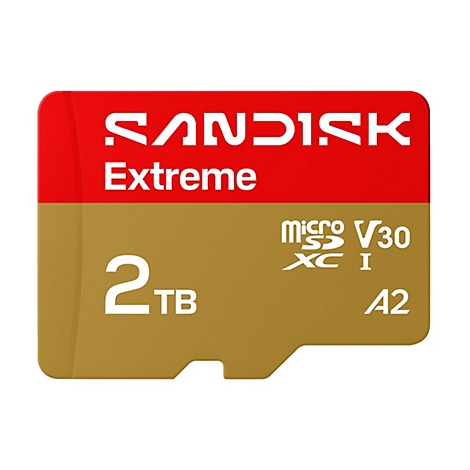 SanDisk Extreme MicroSD Karte, rot/gold, 2 TB Speicher, Aufschrift.