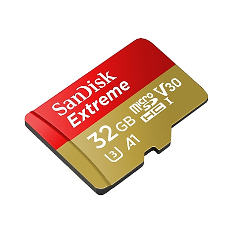 SanDisk Extreme microSD-Karte. Rot-goldfarben, 32 GB, Schriftzug.