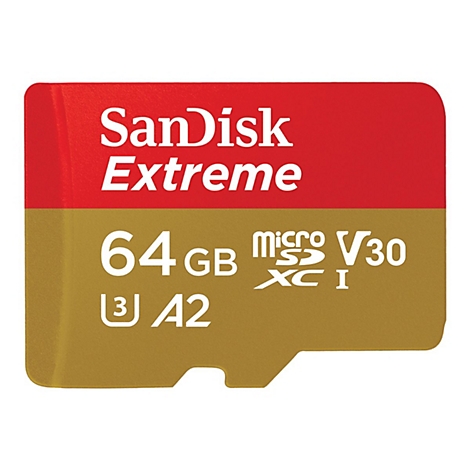 SanDisk Extreme MicroSD Karte, rot/gold, 64 GB, Text mit V30, A2.