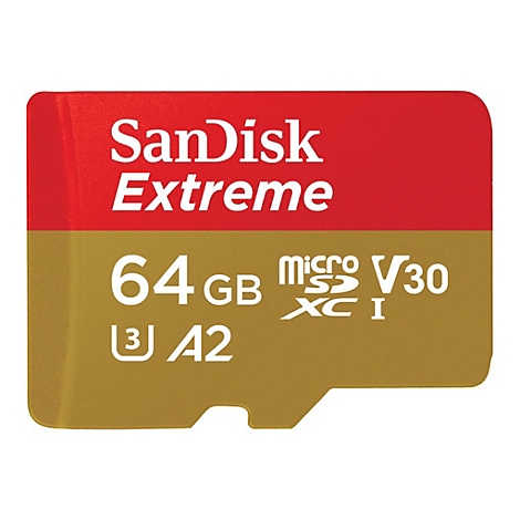 SanDisk Extreme microSD-Karte mit 64 GB Kapazität, weißer Schrift auf rotem und goldenem Hintergrund.