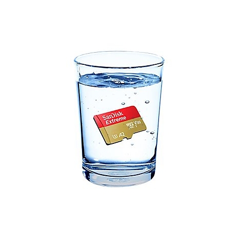 Eine SanDisk Extreme microSD-Karte schwimmt im Wasserglas.