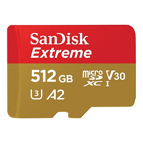 SanDisk Extreme MicroSD Karte. Rot und goldfarben, mit weißem Text. Kapazität: 512 GB.