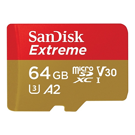 SanDisk Extreme MicroSD-Karte mit rotem und goldenem Farbschema, 64 GB Speicherkapazität.