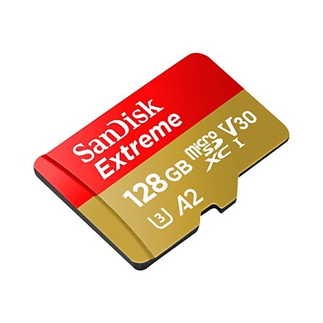 SanDisk Extreme MicroSD-Karte, rot-gold, mit 128 GB Speicher. Aufschrift: V30, A2.