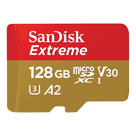 SD-Karte von SanDisk Extreme: Rot-goldene Karte mit der Aufschrift 128 GB, V30, A2, Extreme.