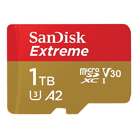 SanDisk Extreme MicroSD-Karte. Rot-goldene Karte mit der Aufschrift 1 TB, V30, A2.