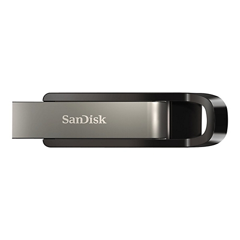 Clé USB SanDisk, partie argentée, cadre noir. Inscription SanDisk sur la partie argentée.
