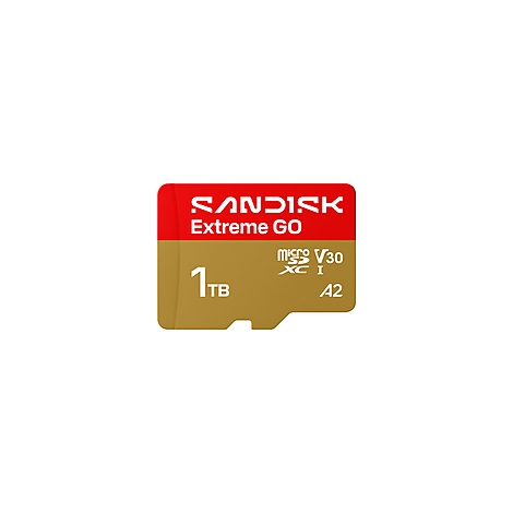 Rote und goldene SanDisk Extreme GO MicroSDXC-Karte, Aufschrift '1 TB'.