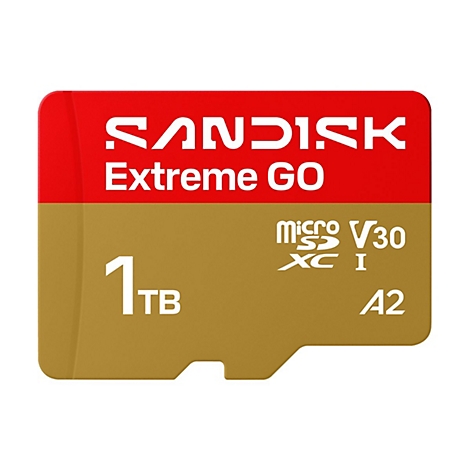 Sandisk Extreme GO Micro SD Karte, rot-gold, 1 TB Kapazität.