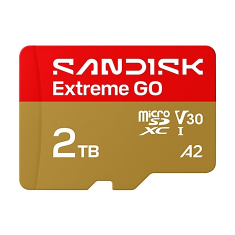 SanDisk Extreme GO MicroSD-Karte. Rot-goldene Karte mit der Aufschrift '2TB', 'V30' und 'A2'.