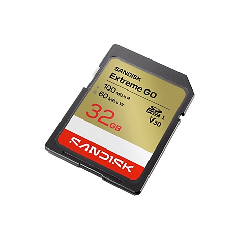 SD-Karte von Sandisk. Auf goldfarbenem Hintergrund steht Extreme GO mit 32GB Speicherkapazität.