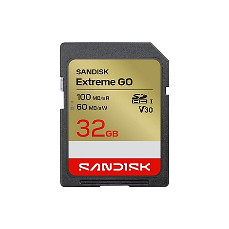 SD-Karte von Sandisk, schwarz und goldfarben, mit der Aufschrift Extreme GO, 32 GB.