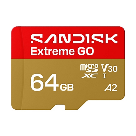 SanDisk Extreme GO MicroSD-Karte. Rot-goldfarben, 64 GB, Aufdrucke: Logo, Extreme GO, micro, V30, A2.