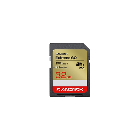 SD-Karte von SanDisk Extreme Go, 32 GB. Aufschrift: 100MB/s R, 60MB/s W und V30.