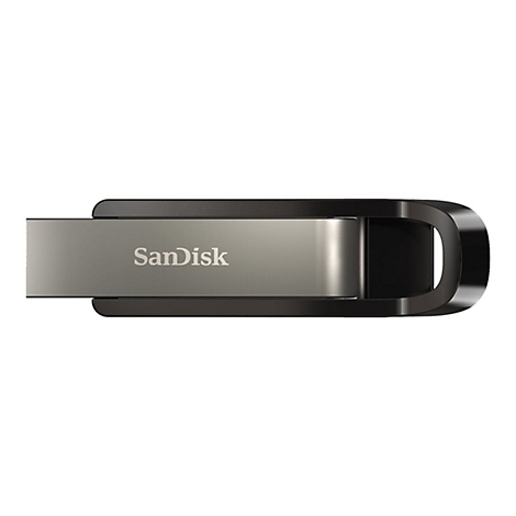 Ein schwarzer USB-Stick mit silbernem Mittelteil, auf dem "SanDisk" steht.