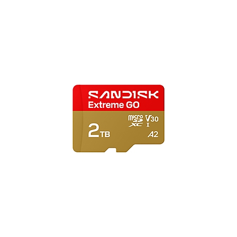 Rote und goldfarbene SanDisk Extreme Go MicroSD-Karte. Schriftzug: 2 TB, Extreme Go.