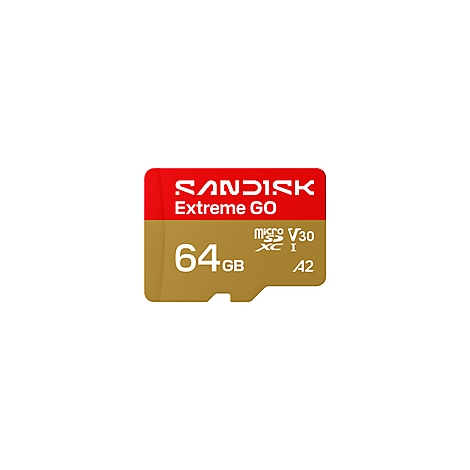 Eine rote und goldene Sandisk Extreme GO MicroSD-Karte mit weißen Schriftzügen, einschließlich "64 GB".