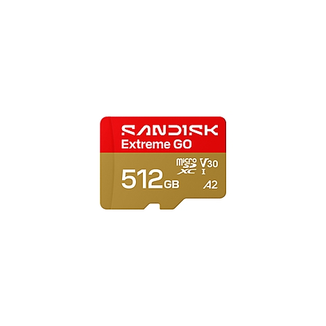 Rote und goldfarbene microSD-Karte mit der Aufschrift 'SANDISK Extreme GO 512GB'.