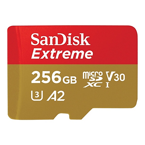 SanDisk Extreme MicroSD-Karte mit roter und goldfarbener Oberfläche, Text: 256GB, V30, A2.