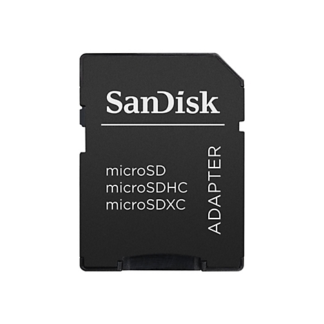 Schwarzer Sandisk SD-Adapter mit weißem Schriftzug. Die Texte microSD, microSDHC, microSDXC sind zu sehen.