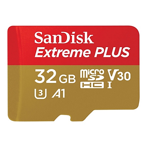 SanDisk Extreme PLUS MicroSD-Karte. Rot-goldene Karte mit weißem Schriftzug, 32 GB, V30, A1.