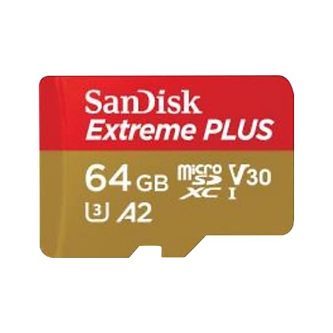 Nahaufnahme einer Sandisk Extreme PLUS Micro SD Karte mit 64GB Speicherkapazität.
