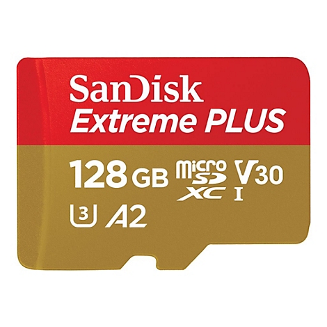 SanDisk Extreme PLUS 128GB microSDXC. Rot-goldene Speicherkarte mit weißem Schriftzug.