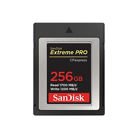 Carte mÃ©moire CFexpress SanDisk, noire avec cadre argentÃ©. Inscription : Extreme PRO, 256 Go, vitesse.