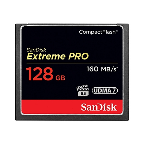 Une carte CompactFlash noire avec du texte rouge et jaune. La carte indique "SanDisk Extreme PRO 128 Go 160 Mo/s".