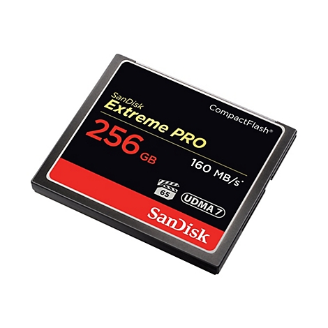 Gros plan d'une carte mémoire CompactFlash SanDisk Extreme Pro noire. Inscriptions : 256 Go, 160 Mo/s.