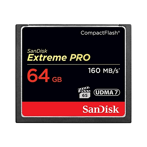 Carte CompactFlash noire avec lettrage rouge et noir. La carte présente le logo Extreme Pro et des informations sur la capacité et la vitesse.