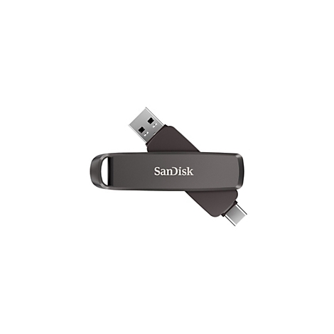 Dunkelgrauer USB-Stick mit USB-A- und USB-C-Anschlüssen. Der Schriftzug Sandisk ist mittig zu sehen.