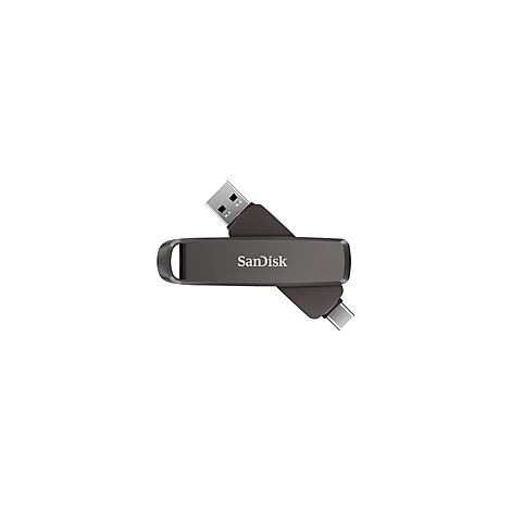 Dunkelgrauer SanDisk USB-Stick mit USB-A und USB-C Anschluss.