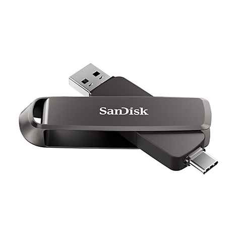 Dunkelgrauer USB-Stick mit USB-A- und USB-C-Anschlüssen. Der Schriftzug SanDisk ist auf dem Stick deutlich zu sehen.