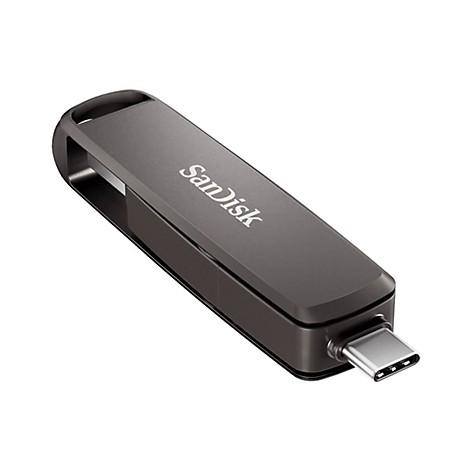 Une clé USB-C grise SanDisk sur fond blanc.