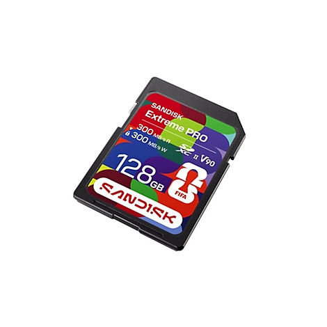 Schwarze SD-Karte mit farbenfrohen Aufdrucken, "SANDISK Extreme PRO".